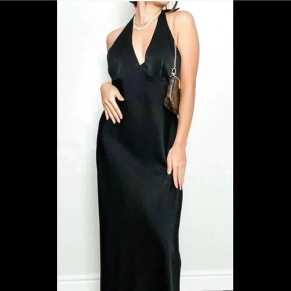BCBGMaxAzria Black Satin Goth Punk Dark Romantic Empire Waist Halter Maxi Dress - Picture 1 of 7